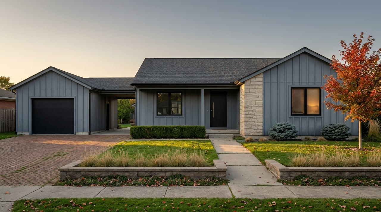 Charcoal-blue house with a receding breezeway, brick driveway, raised lawn, and red-orange maple.