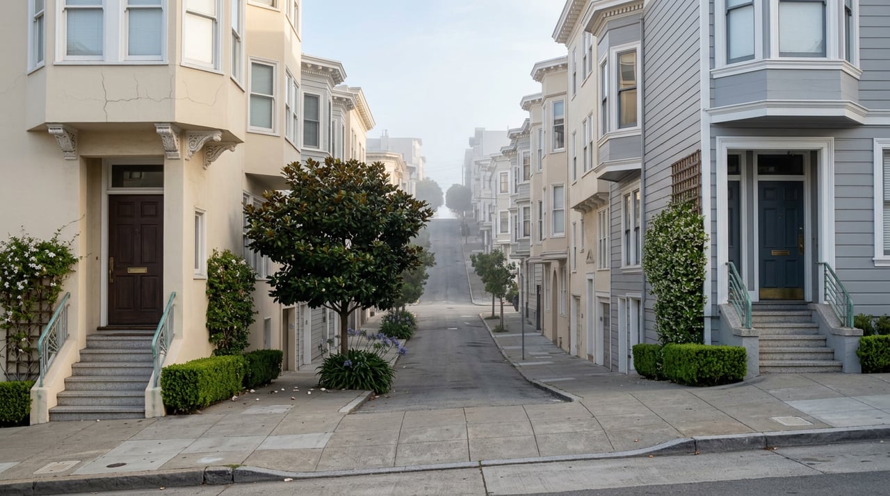 Attached cream and gray homes with bay windows line a steep residential street, receding into morning haze.