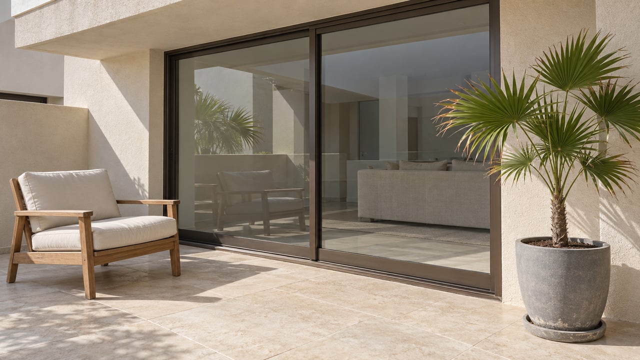 Covered condominium terrace with bronze-framed sliding glass doors, pale limestone paving, a teak lounge chair and one potted fan palm.