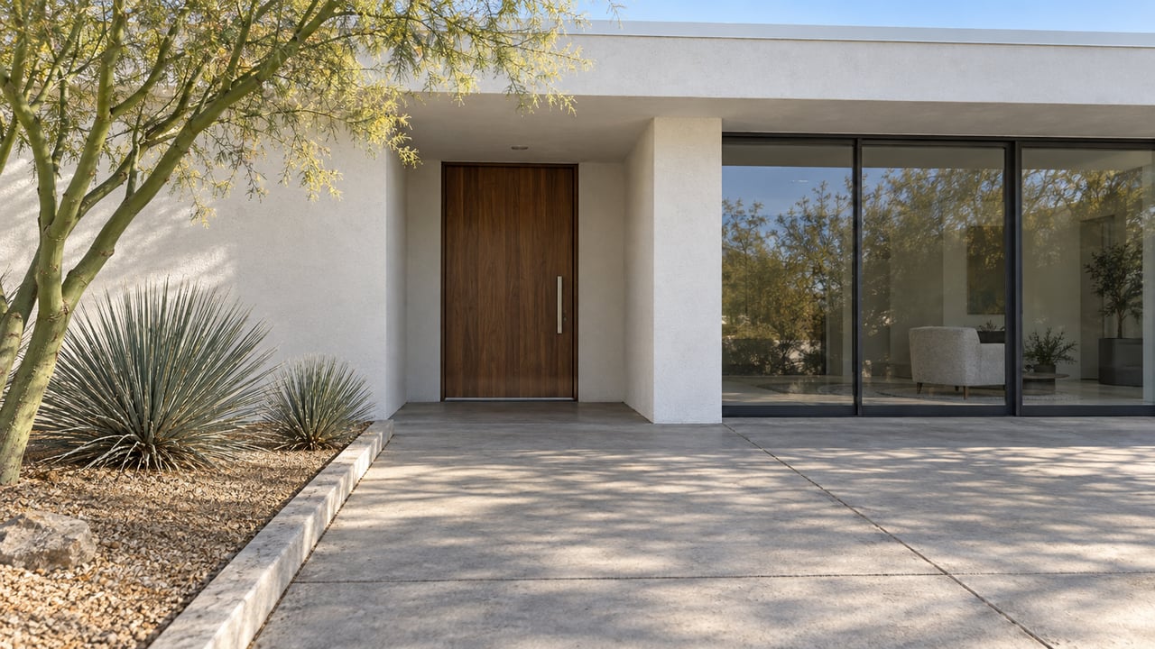 Morning light on a white single-story home's recessed walnut entry, closed glass wall, concrete approach and sculptural desert planting.