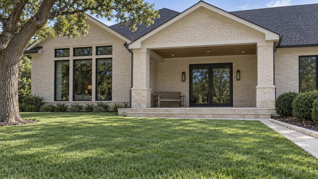 Ivory brick home with gabled roofs, a covered limestone terrace and broad lawn in clear daylight.