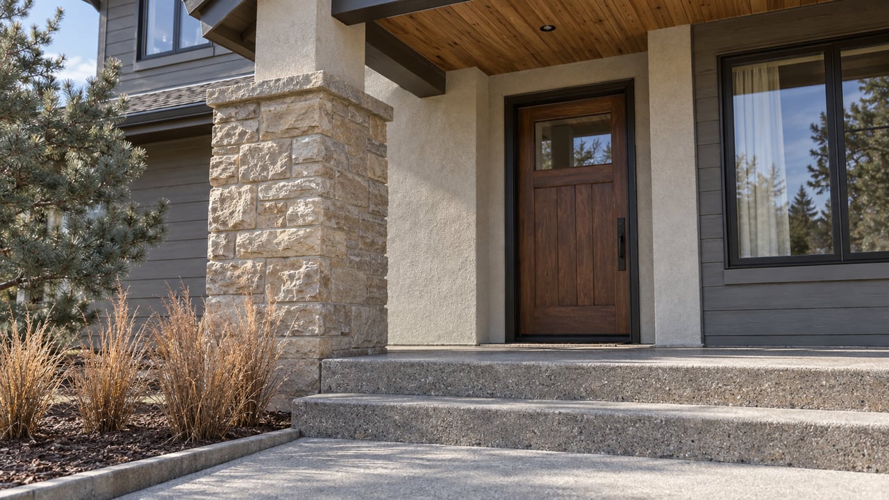 Autumn sunlight on a covered home entry with sandstone masonry, a timber door, concrete steps and copper-colored grasses.