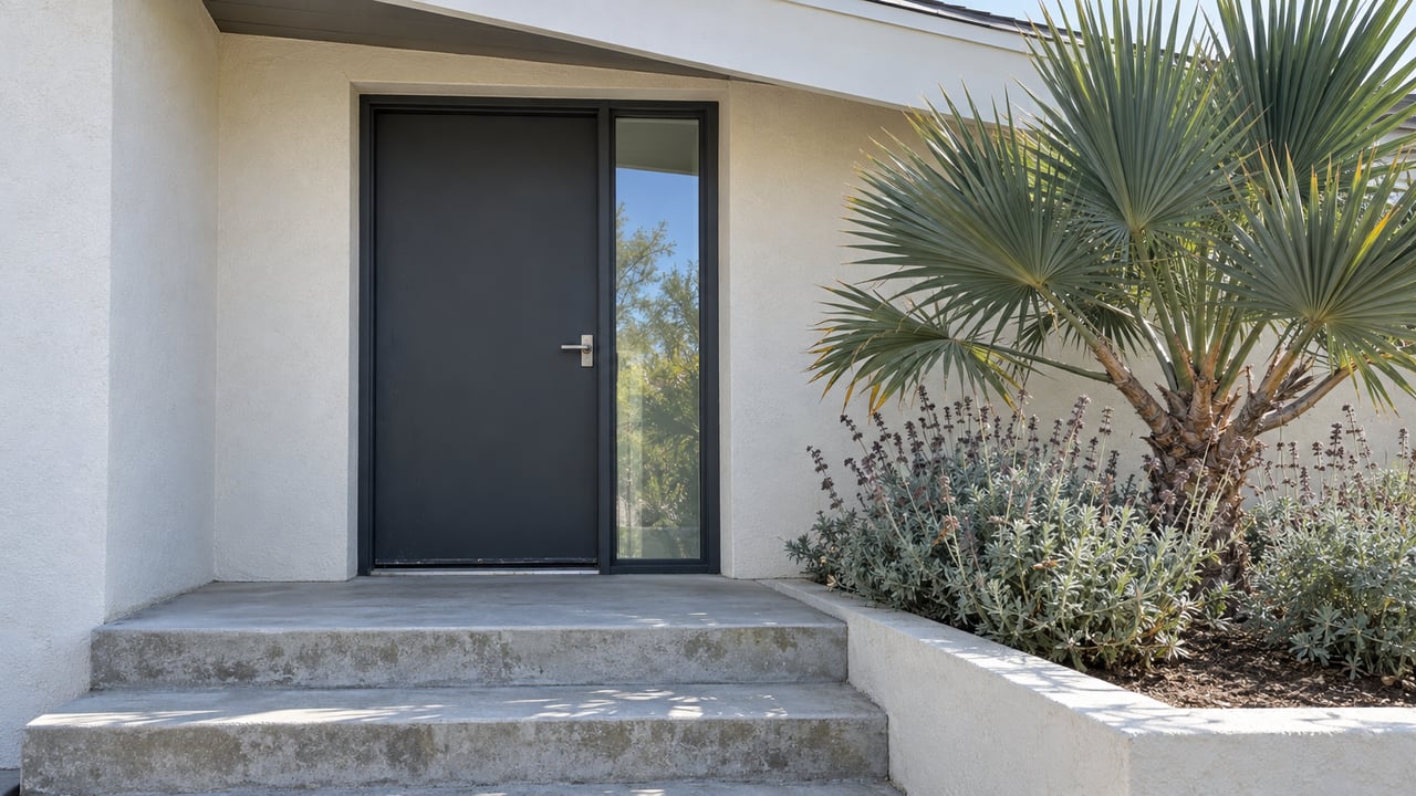 Dark front door and glazed sidelight in a white stucco entry, above concrete steps beside a sculptural fan aloe and silver-leaved sage.
