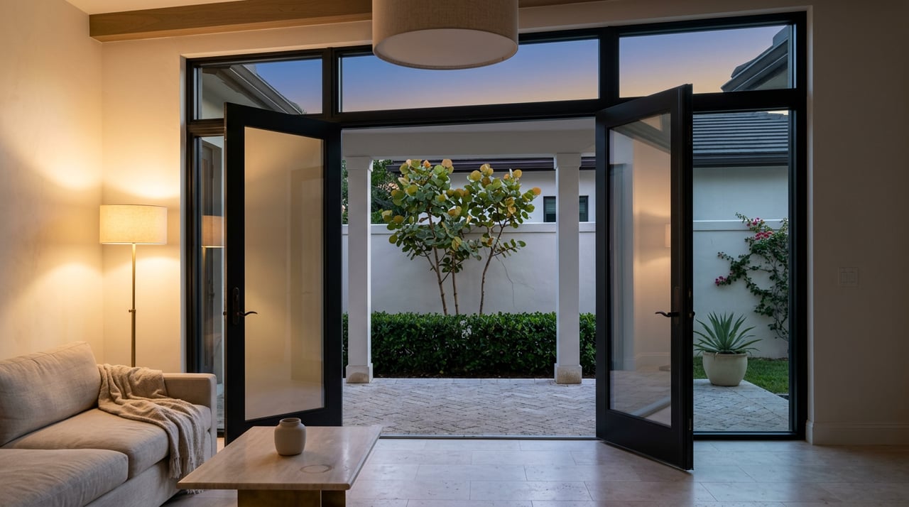 Open black-framed French doors reveal a stone loggia, white columns, and a garden wall at dusk.