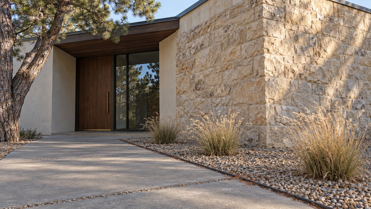 Low morning view of a limestone and cream stucco entry with a closed walnut door, bronze-framed window, pinyon pine and native grasses beside a concrete approach.