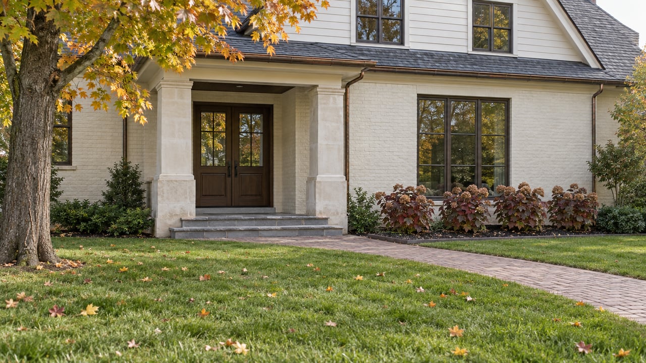 Cream brick and light siding home with a limestone entry, broad front lawn and autumn maple leaves.