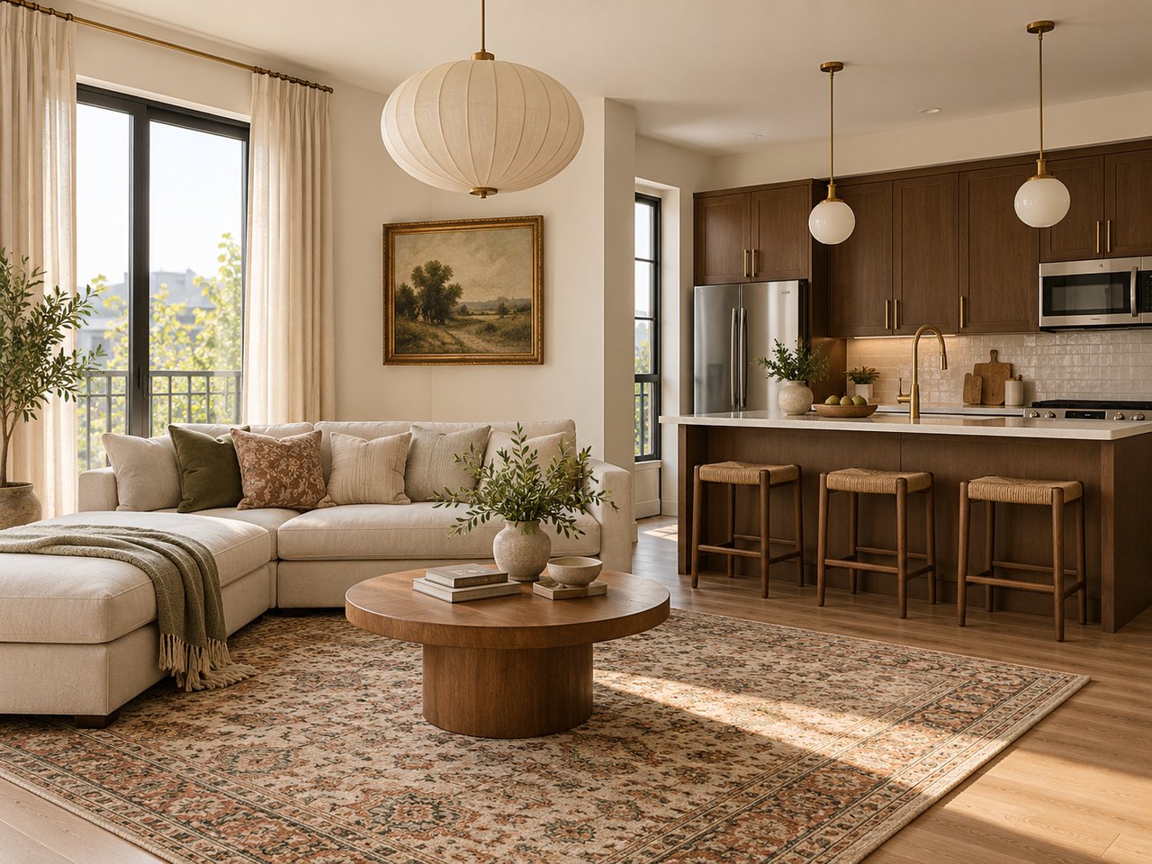 Open-plan living room and kitchen with a cream sectional, patterned rug, and dark wood cabinetry.