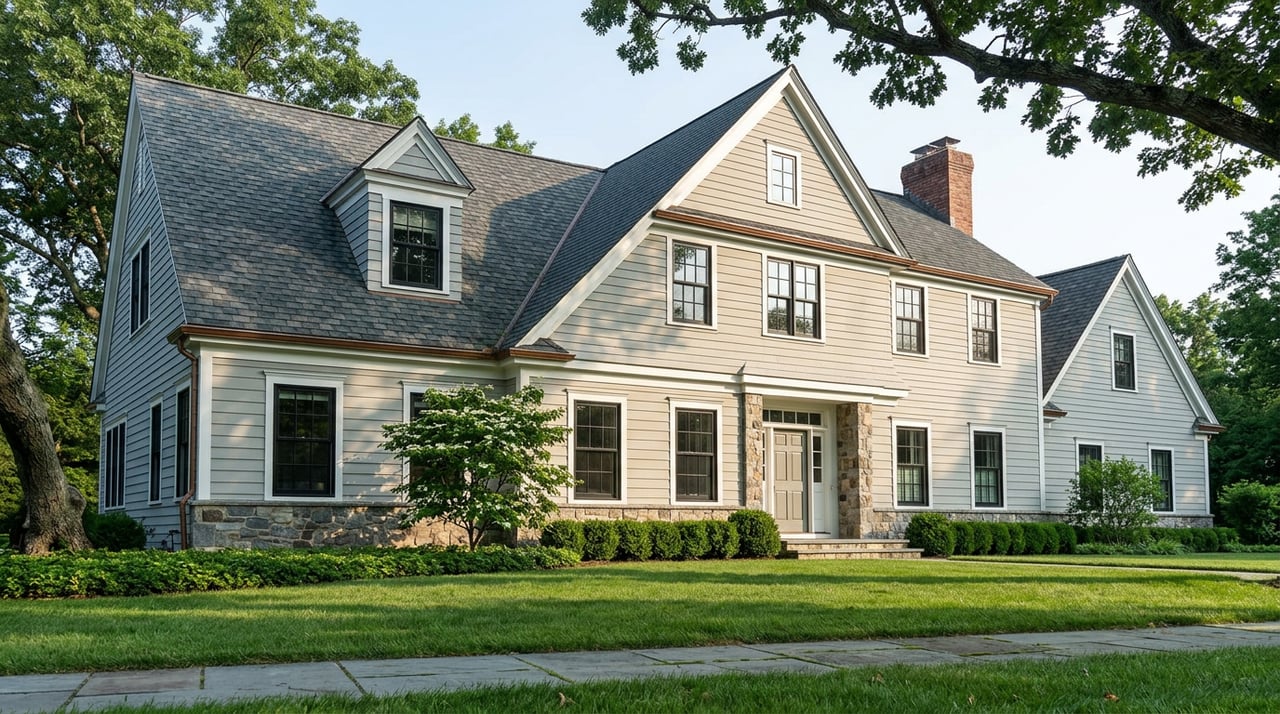 Shingle-style estate with gray siding, central gable, stone foundation, and mature oak beside a broad lawn.