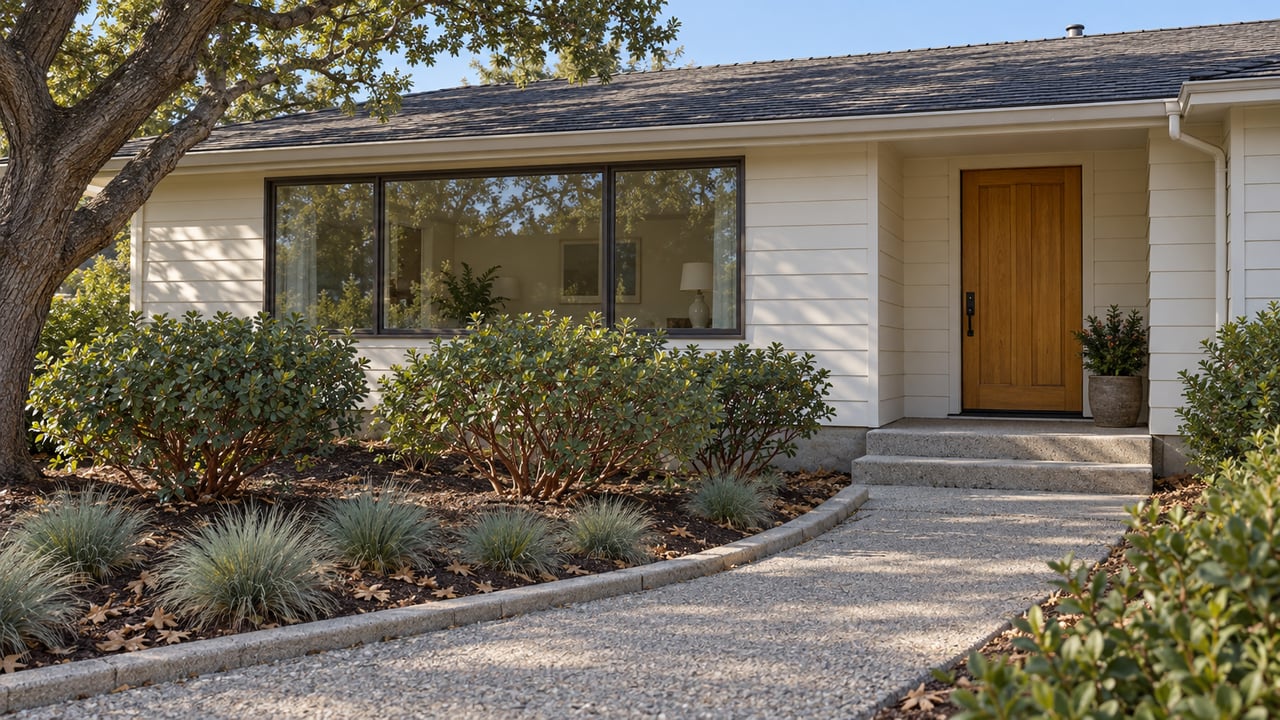 A wood-clad single-story home with a recessed oak entry, broad windows and a concrete garden walk beside oak and manzanita planting.