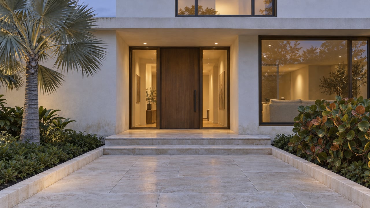 Blue-hour view of a white stucco home with a wood entry door, bronze-framed windows, limestone steps, and specimen coastal planting.