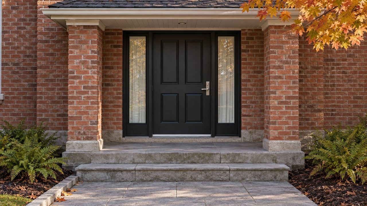 Brick home entrance with a black front door, broad stone steps, and autumn foliage.