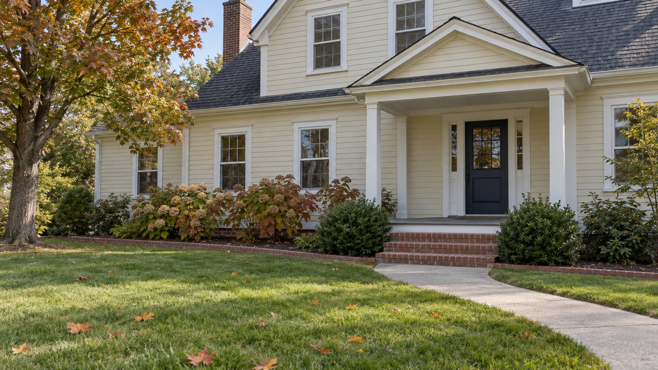 Cream clapboard home with a covered porch, brick steps, deep autumn lawn and a mature maple turning copper.