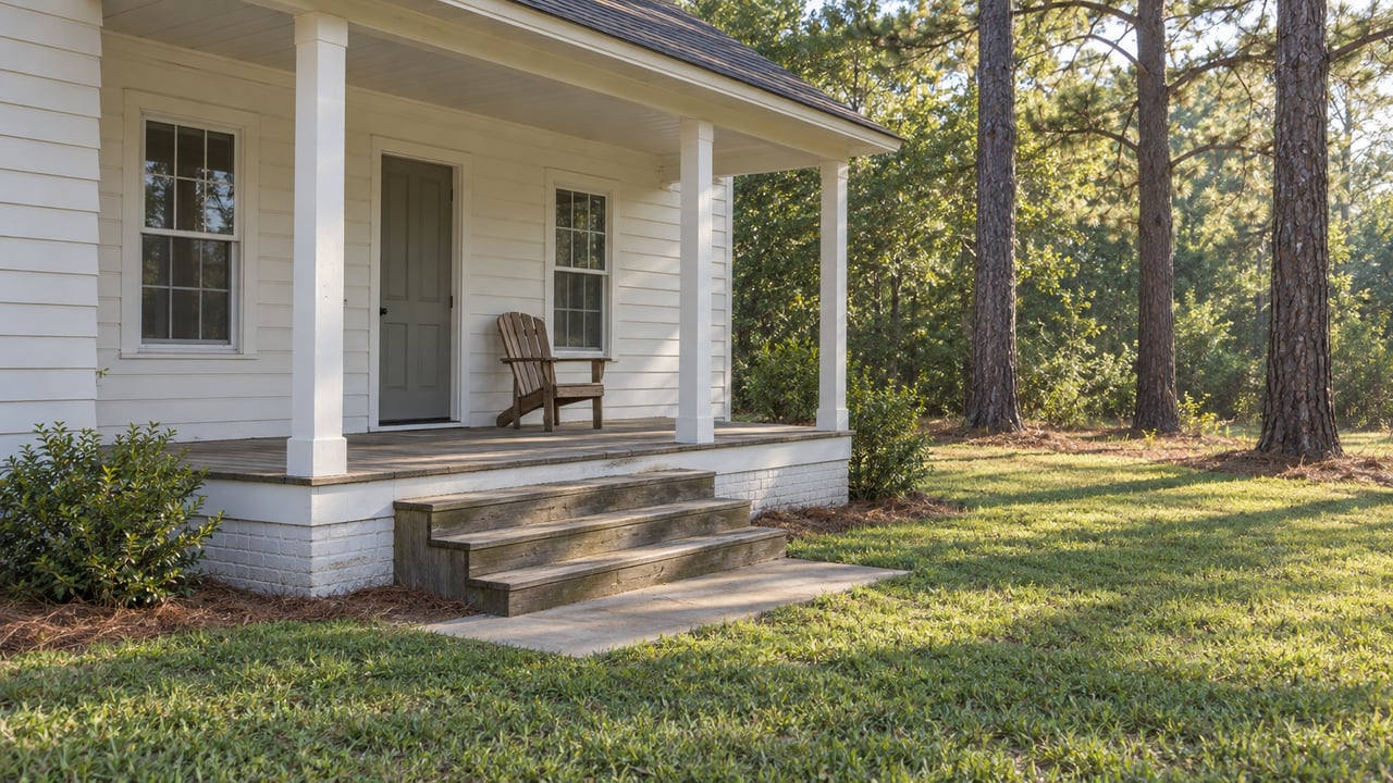 Low covered porch with white wood siding, weathered timber decking and broad steps beside an open lawn and mature longleaf pines.