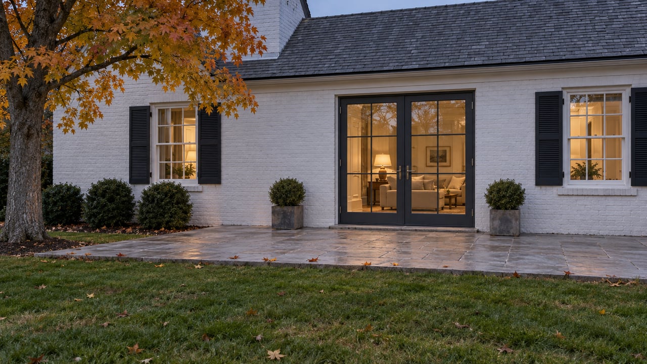 White-painted brick home at dusk with warm light behind closed glazed doors, a limestone terrace, autumn maple and deep lawn.