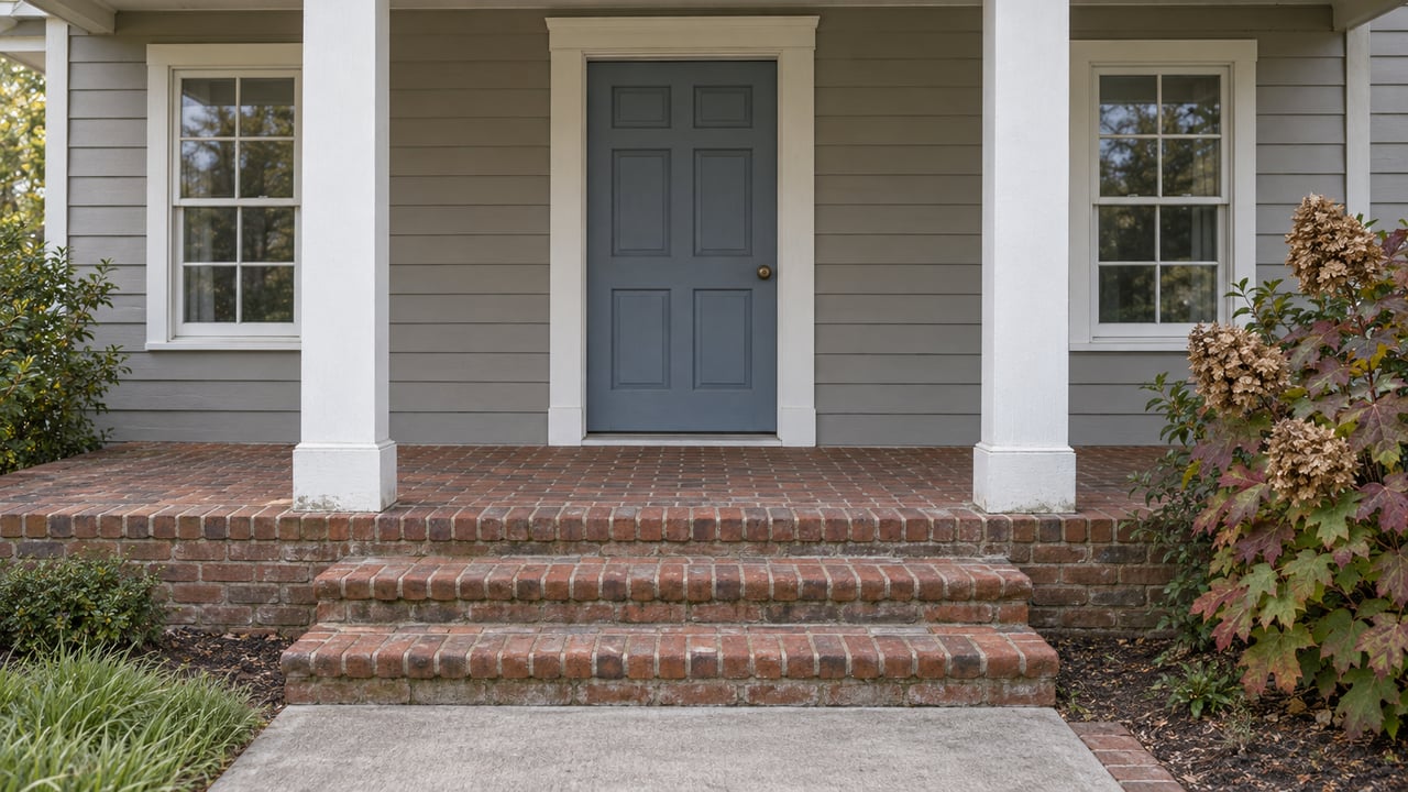 Slate-blue front door between white-trimmed windows on a gray clapboard porch, with worn brick steps and autumn oakleaf hydrangea.