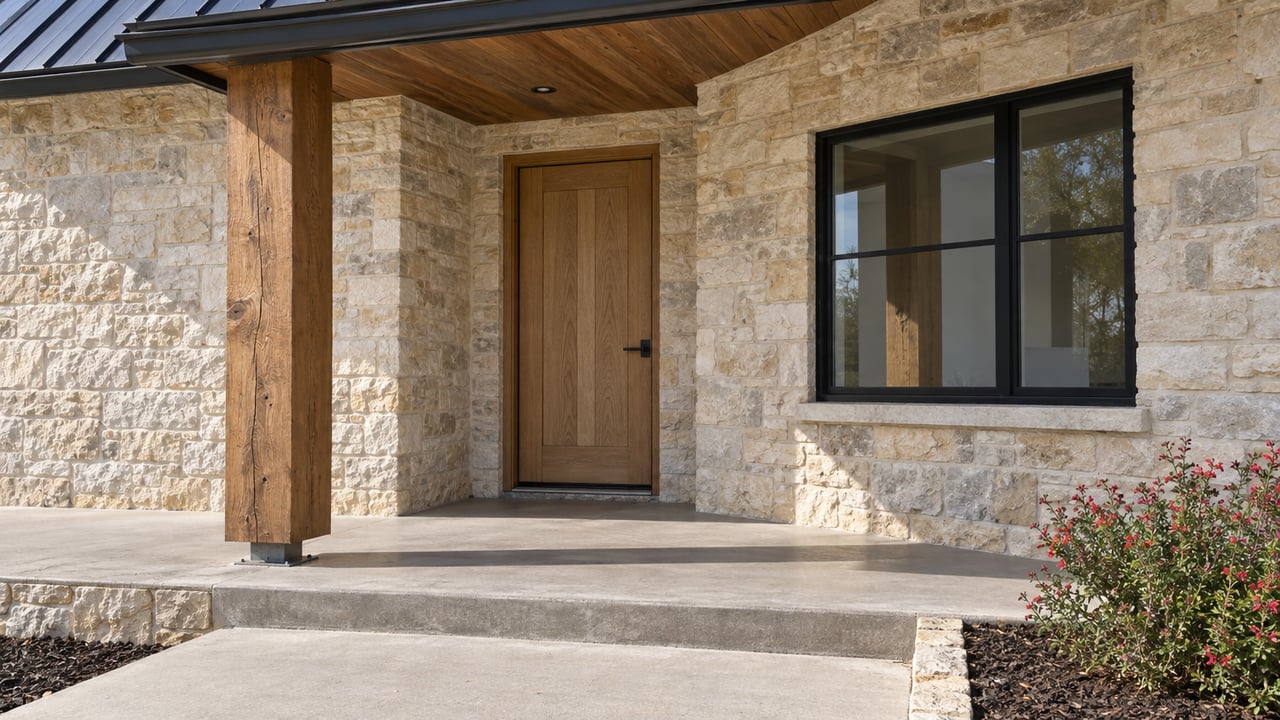 Sunlit limestone and timber porch with a closed oak door, black-framed window and a small flowering sage beside the concrete approach.