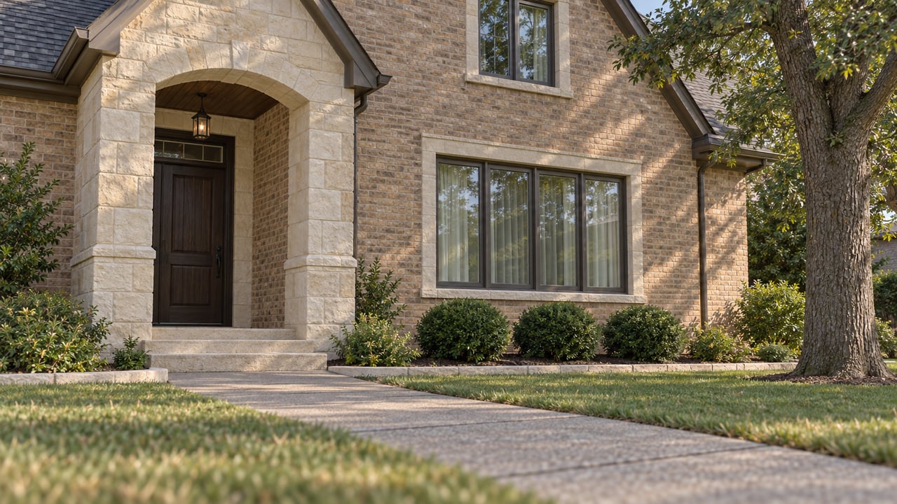 Buff brick home with a limestone-framed oak entrance, bronze-framed windows and a concrete approach beside a lawn and curated planting.