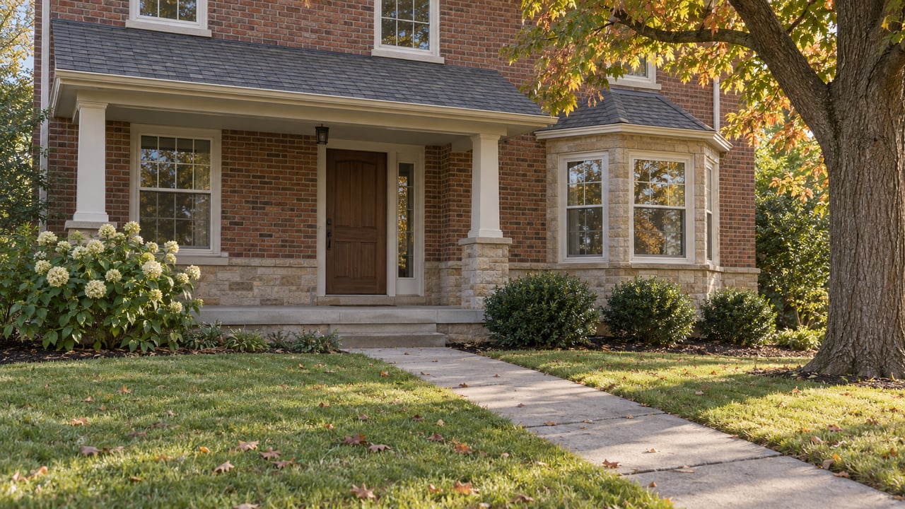 Two-story red-brown brick house with a covered porch, stone-faced bay, diagonal concrete walk, and lawn.