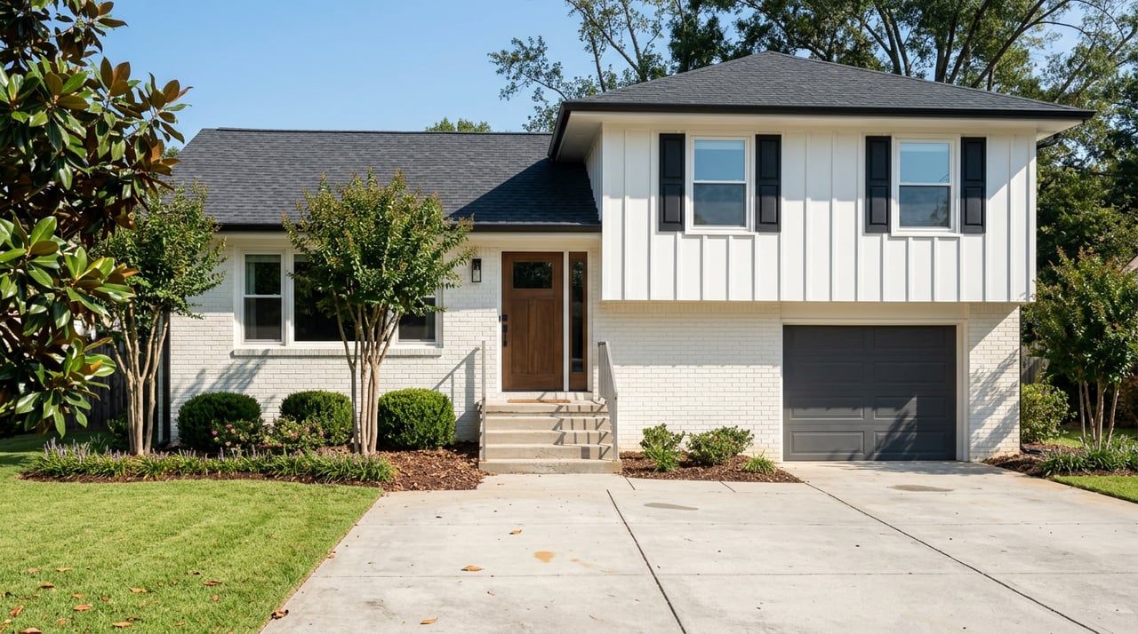 Split-level painted-brick home with board-and-batten siding and an empty driveway parking pad.