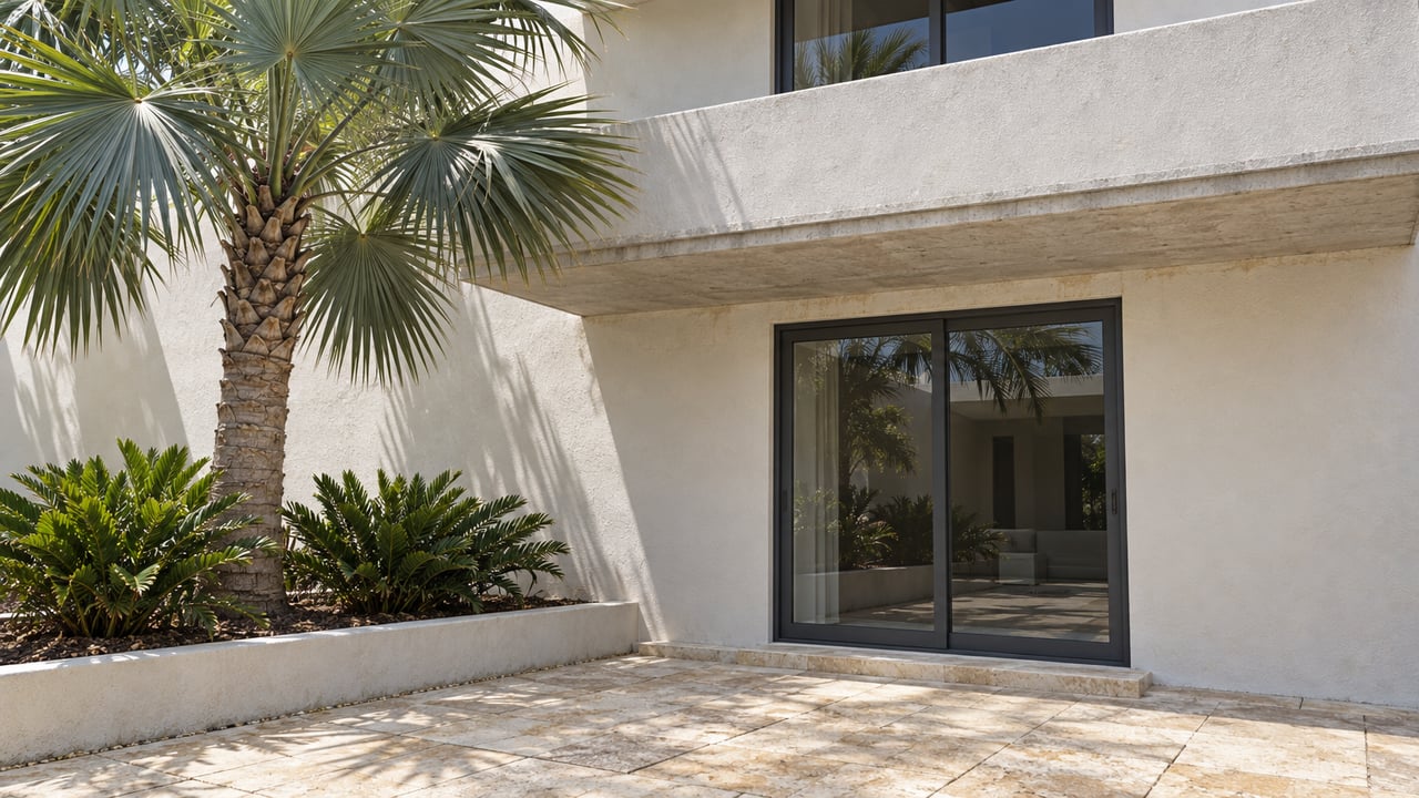 Two-story concrete condo facade with closed glass doors, balcony, limestone paving, and a fan palm in a raised planter.