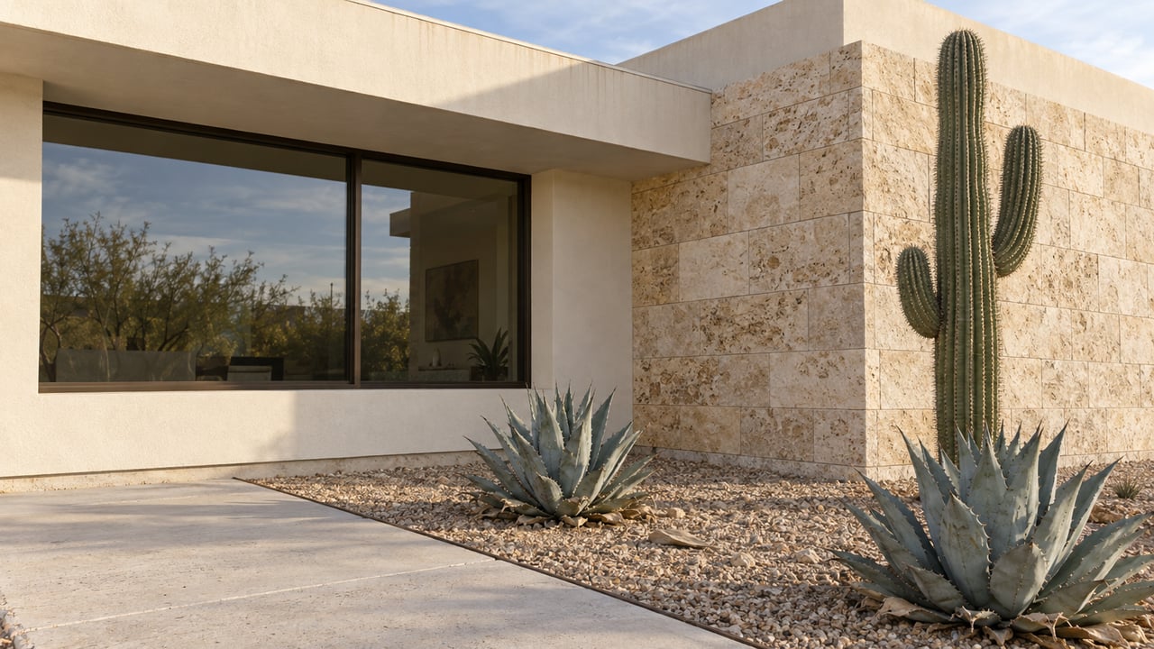 Warm stucco and limestone home exterior with a shaded bronze-framed window, a branching saguaro and two blue agaves beside a concrete walk.
