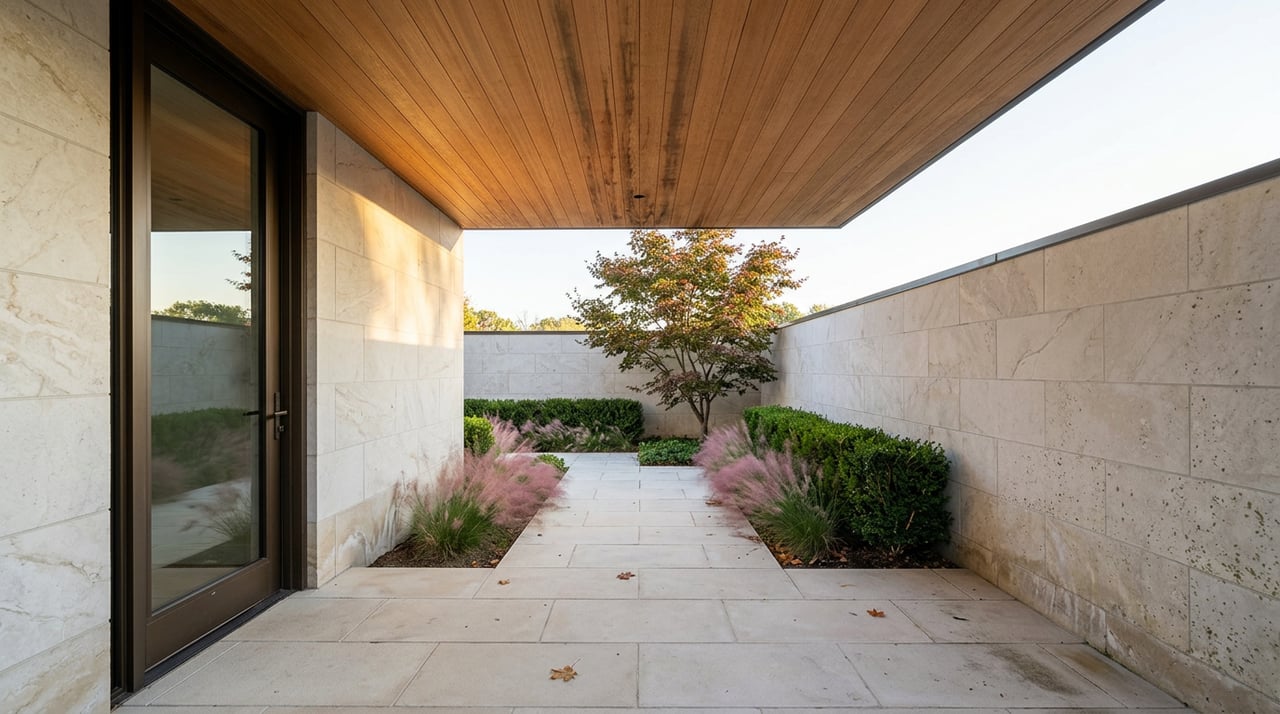 Stone walkway beneath a cedar soffit leads to a courtyard with a red-leaf maple and clipped hedges.