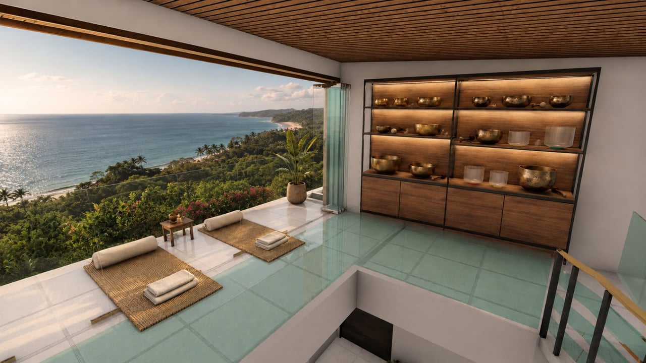 Modern coastal interior with glass flooring, display shelves, and an ocean-view terrace.