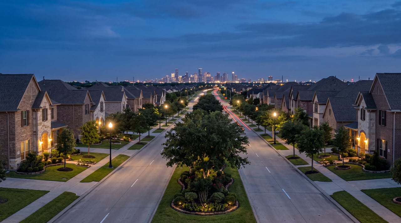 Pearland TX suburban boulevard at dusk lined with brick homes, leading to the lit Houston skyline on the horizon
