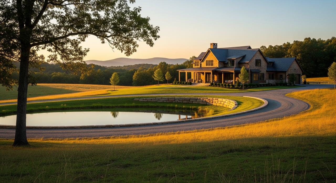 Large stone-and-wood house beside a curved driveway and pond, with rolling hills beyond.