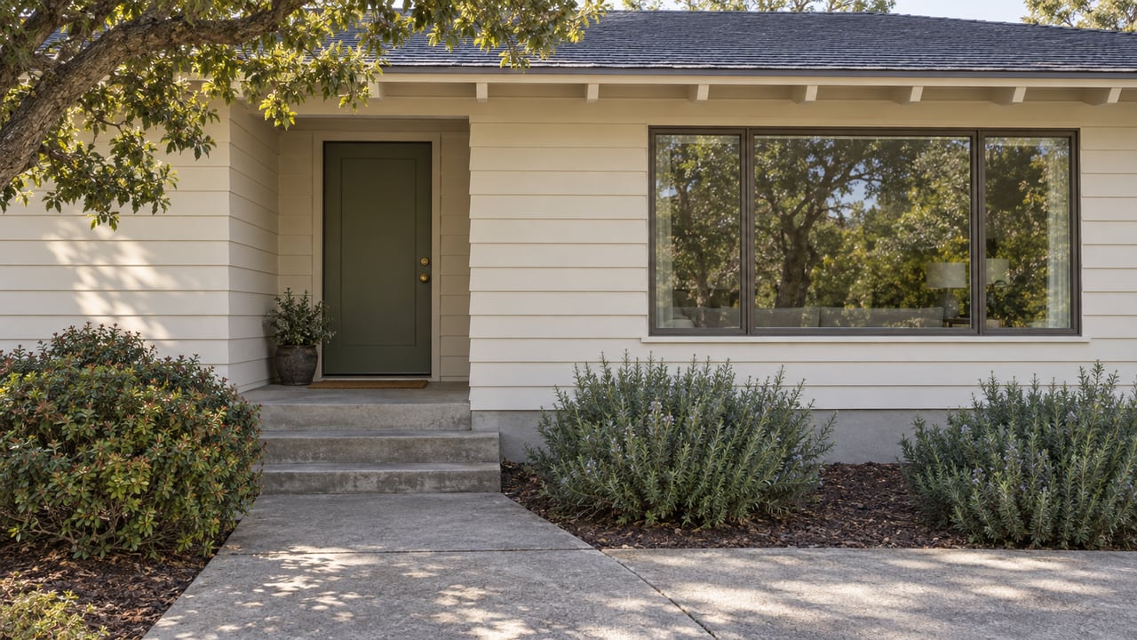 Cream-sided midcentury house with olive recessed door, three-part window, concrete path, and overhanging tree canopy.