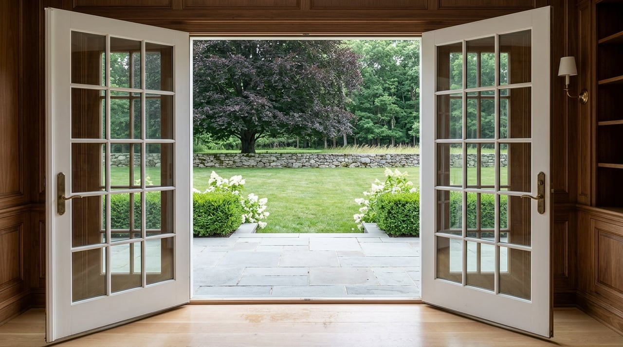 Paneled study with open French doors overlooking a bluestone terrace, lawn, fieldstone wall, and copper beech.