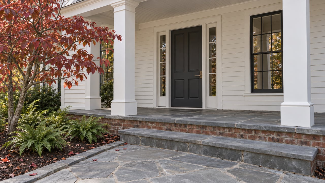 Covered entry of an ivory clapboard home with white columns, bluestone steps and red autumn dogwood leaves.