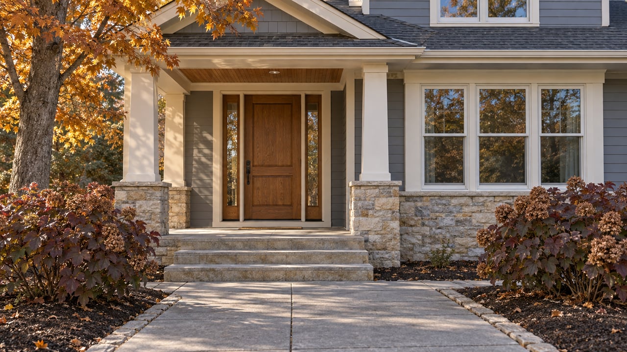 Gray-blue house with a covered limestone entry, oak door, white-framed windows and amber maple foliage in afternoon light.