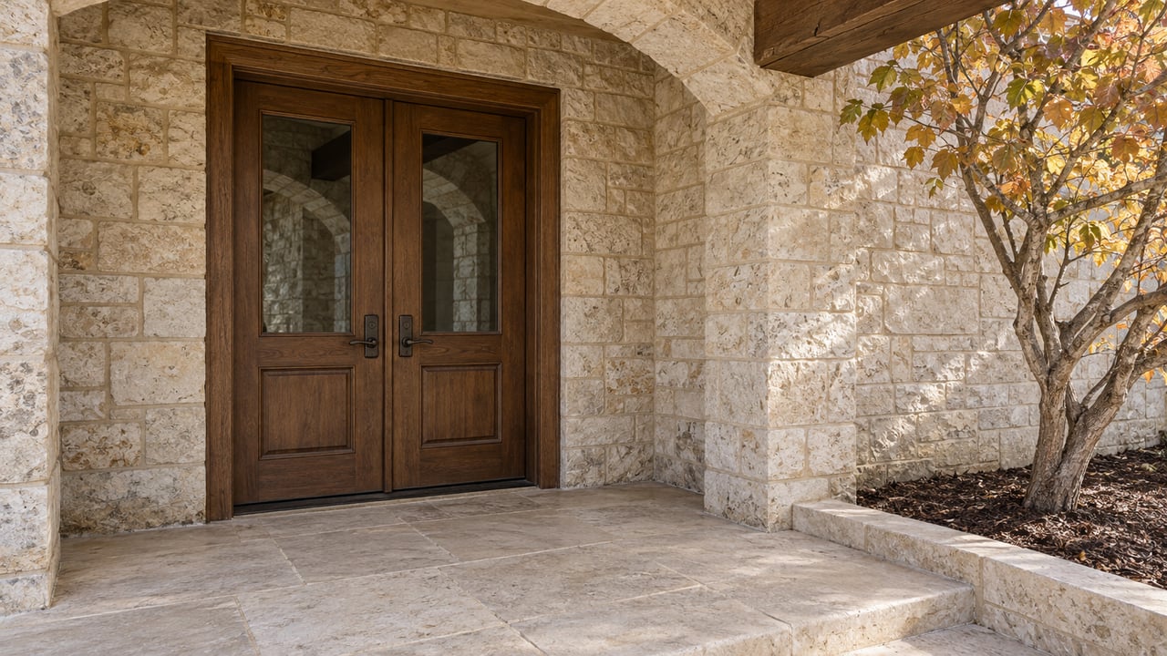 Cream limestone porch arch framing paired oak entry doors, with worn stone paving and a copper-leaved redbud beside the entry.
