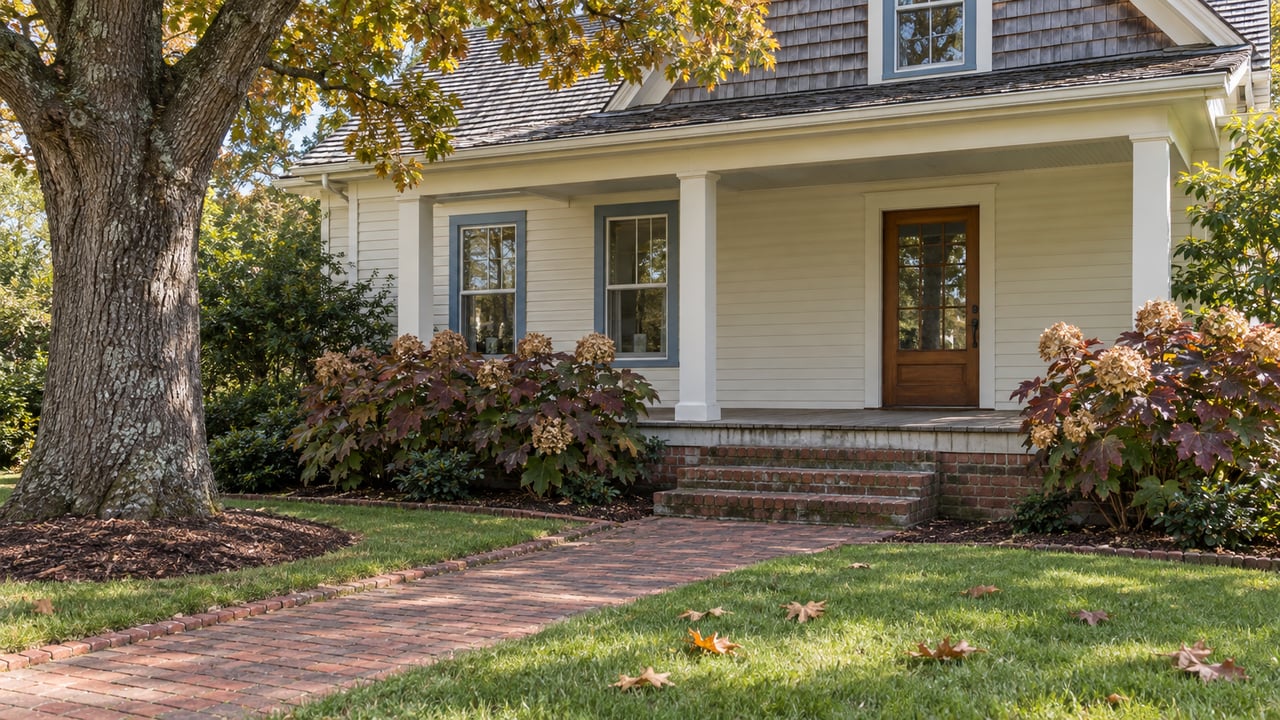 Ivory clapboard home with a cedar-shingled gable, brick approach, covered porch, and mature white oak in an autumn garden.