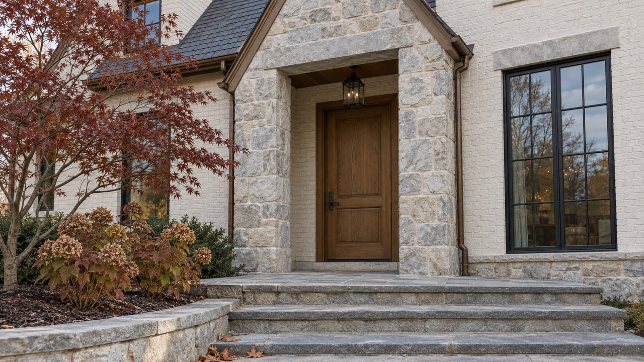 Painted brick home with a steep slate entry gable, recessed oak door, stone steps, and russet autumn planting.