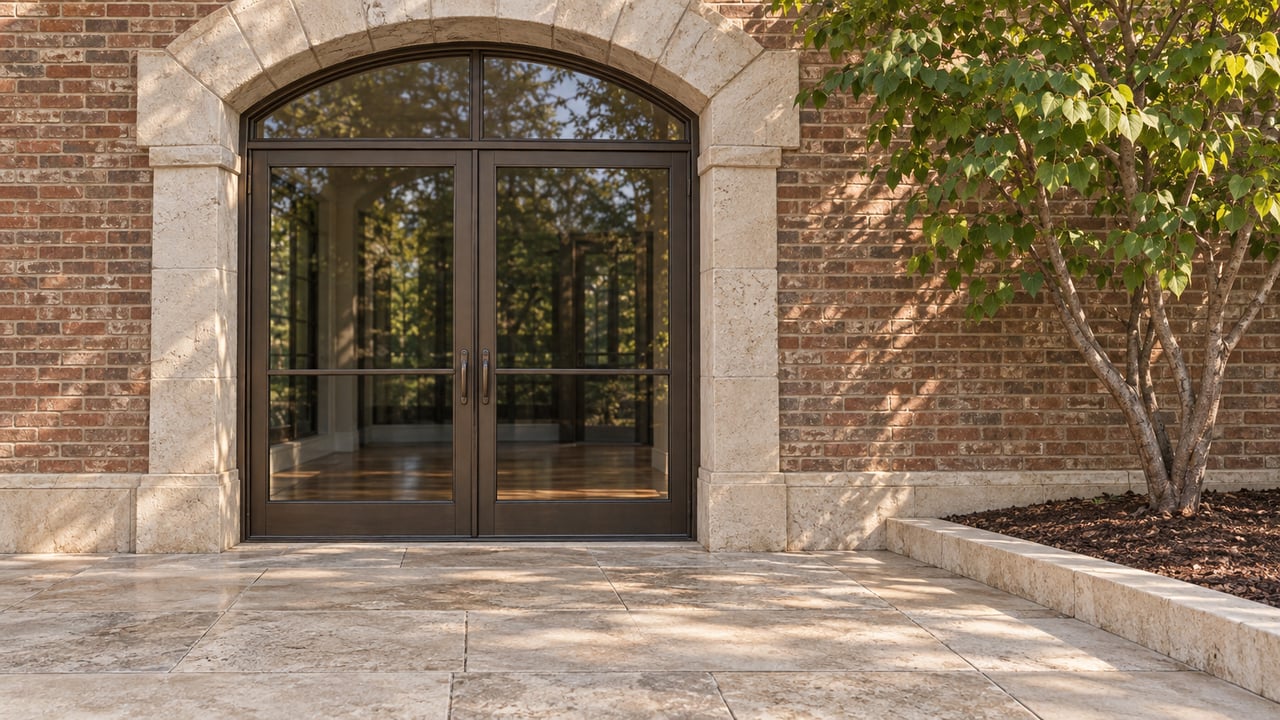 Arched bronze-framed glass doors in a brick and limestone wall beside a redbud tree and stone terrace.
