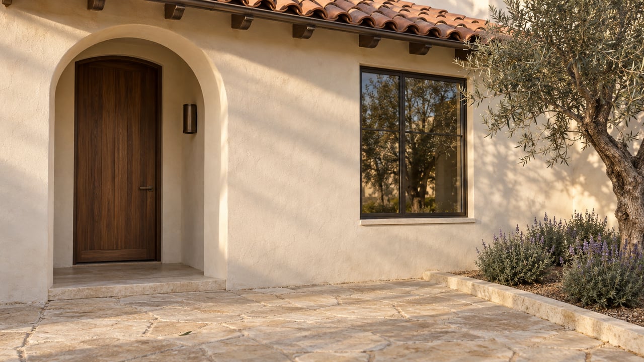 Cream-stucco entry with an arched walnut door, bronze-framed window, terracotta roof tiles, and olive tree.