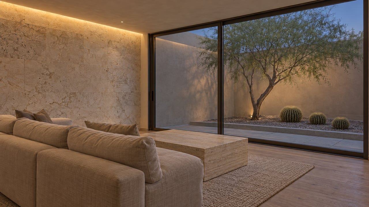 Desert-modern living room with sand-colored sofa facing a glass-enclosed courtyard and sculptural tree.