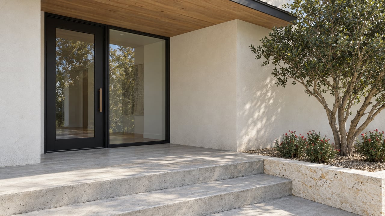 Contemporary covered entry with wood soffit, black-framed glazing, pale concrete steps and a limestone-edged bed of Texas persimmon and autumn sage.