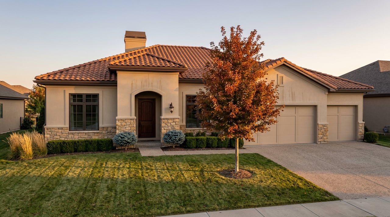 Stucco-and-stone home with a terra-cotta tile roof, arched entry, orange-red maple, and broad lawn.