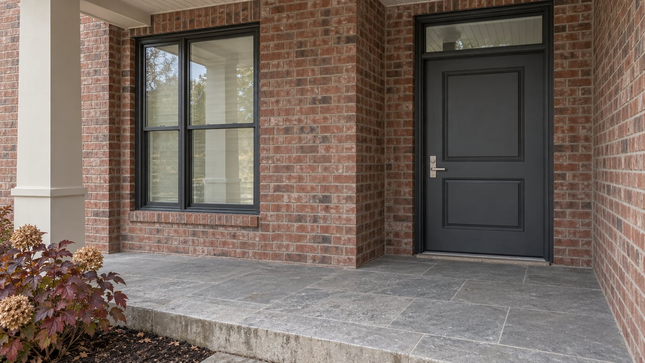 Sheltered brick entry with a charcoal door, dark-framed window, gray stone porch and burgundy oakleaf hydrangea.
