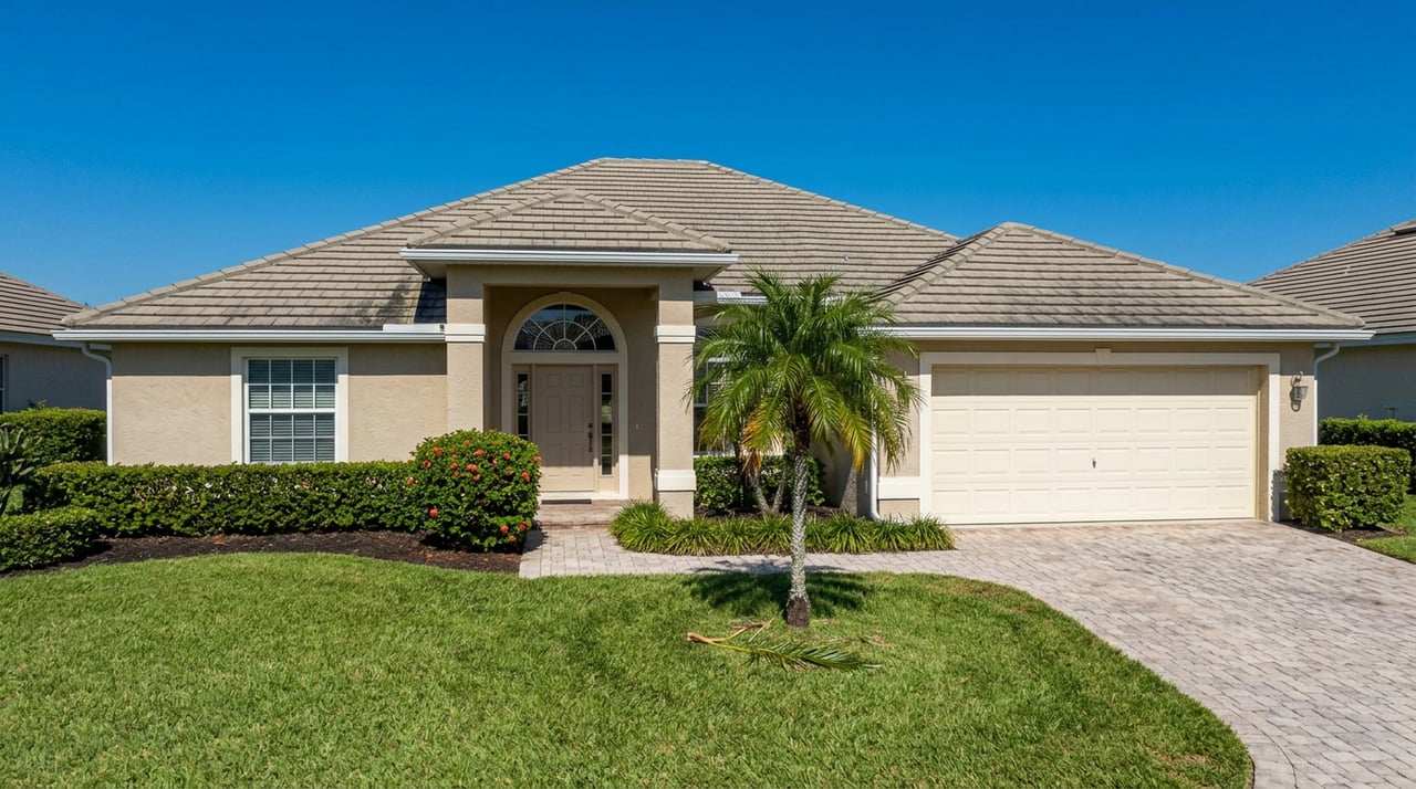 Suburban home with tiled hip roof, arched entry window, paver drive, lawn, and palm.