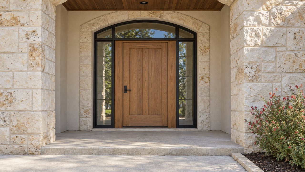 Close view of a limestone arched home entrance with an oak door, paired black-framed sidelights, and red-flowering autumn sage beside a concrete approach.