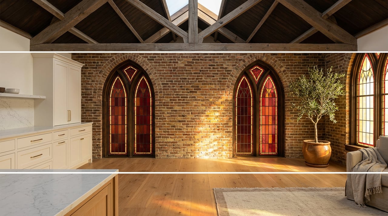 Great room with exposed timber trusses, brick wall, and arched garnet-and-amber stained-glass windows.