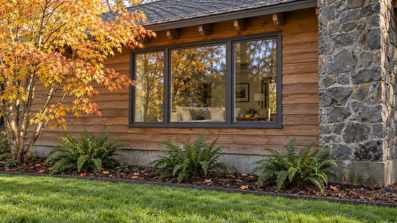 Autumn morning light on cedar siding, a broad living-room window, and a basalt chimney above maple and sword fern planting.