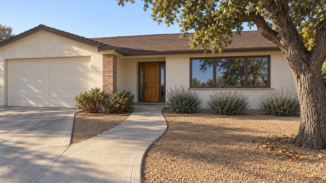 Single-story ivory ranch home with a low shingle roof, recessed porch, deep gravel garden and mature oak in early morning light.