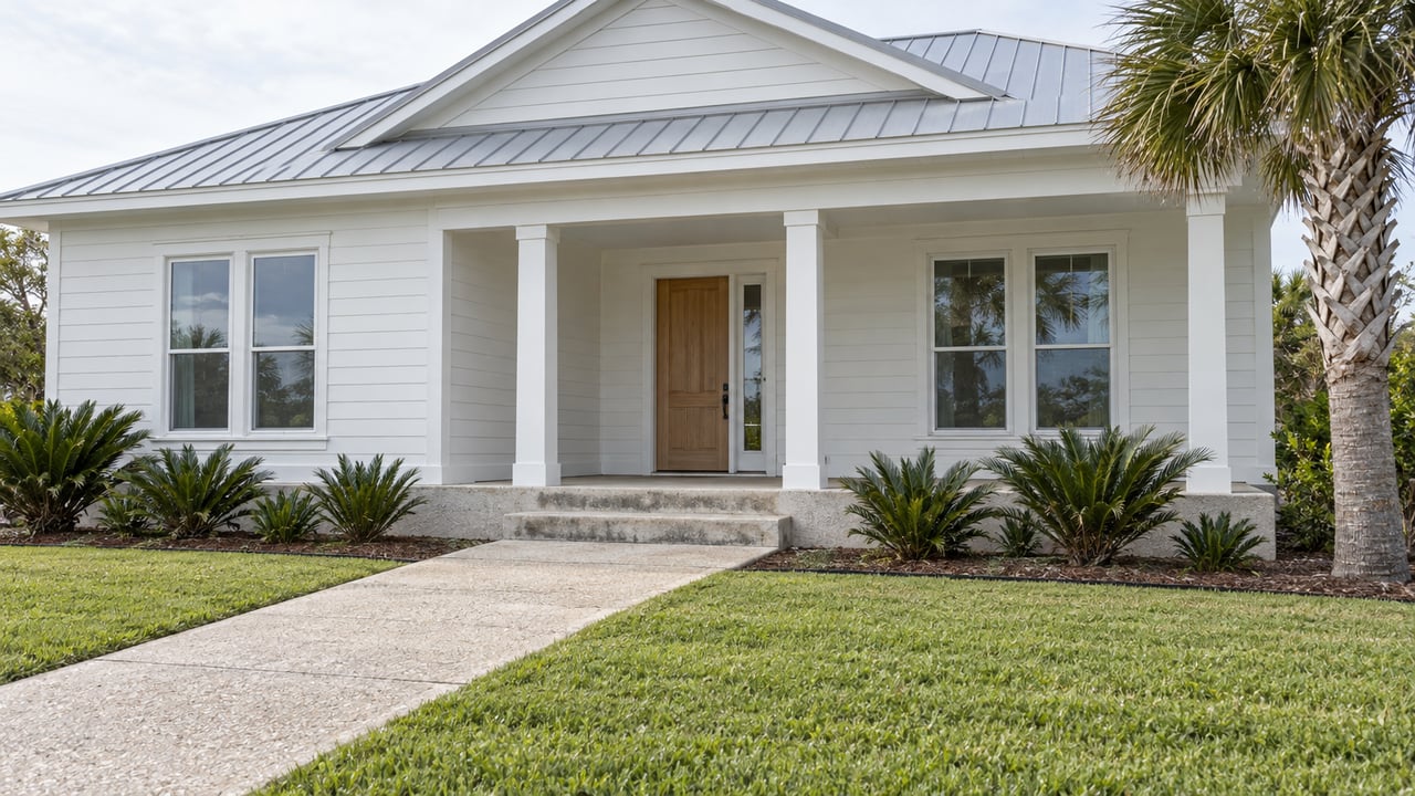 White gabled house with a metal roof, covered front porch, shell-aggregate approach and a single sculptural palm.