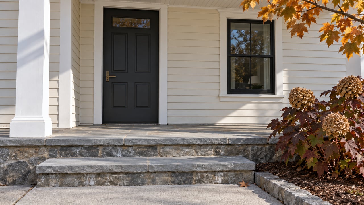 Cream clapboard home entry with a charcoal door, bluestone steps, and burgundy oakleaf hydrangea in autumn sunlight.