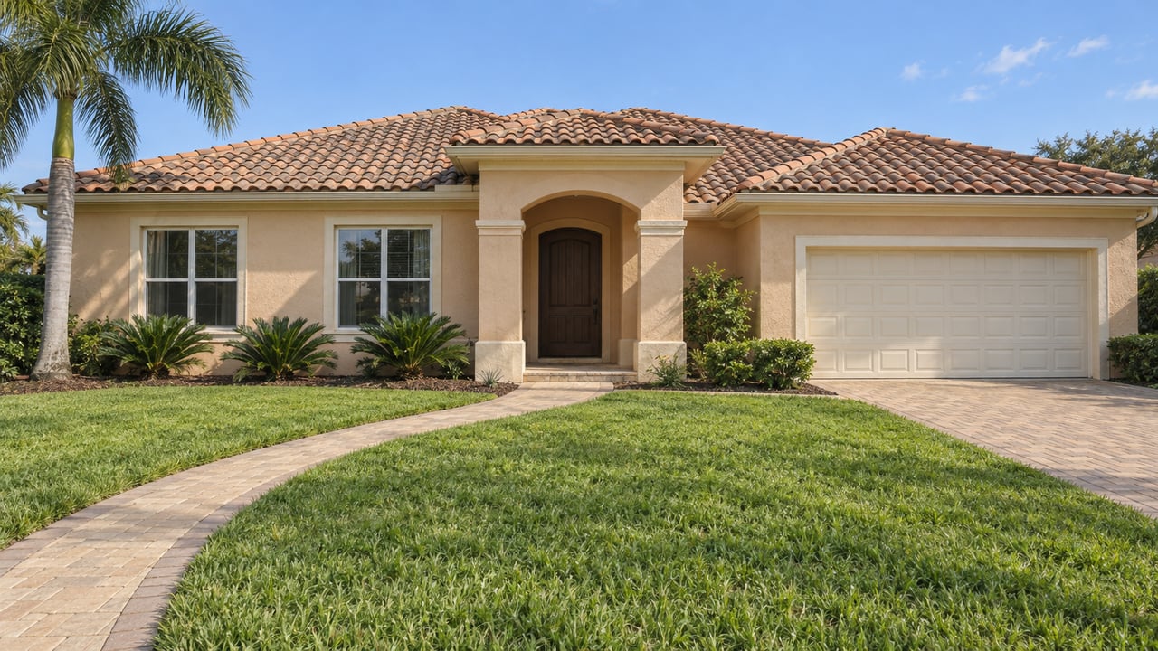 Pale-peach single-story home with a barrel-tile roof, arched entry, mature royal palm and deep front lawn.